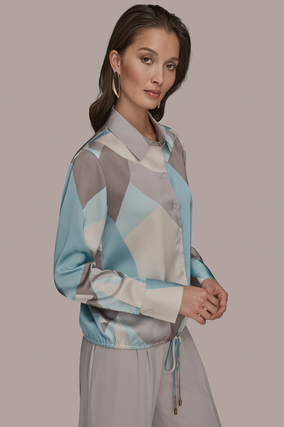 LONG-SLEEVE PRINTED DRAWSTRING BLOUSE - Mist Green Multi