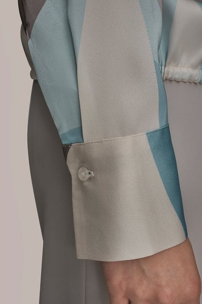 LONG-SLEEVE PRINTED DRAWSTRING BLOUSE - Mist Green Multi