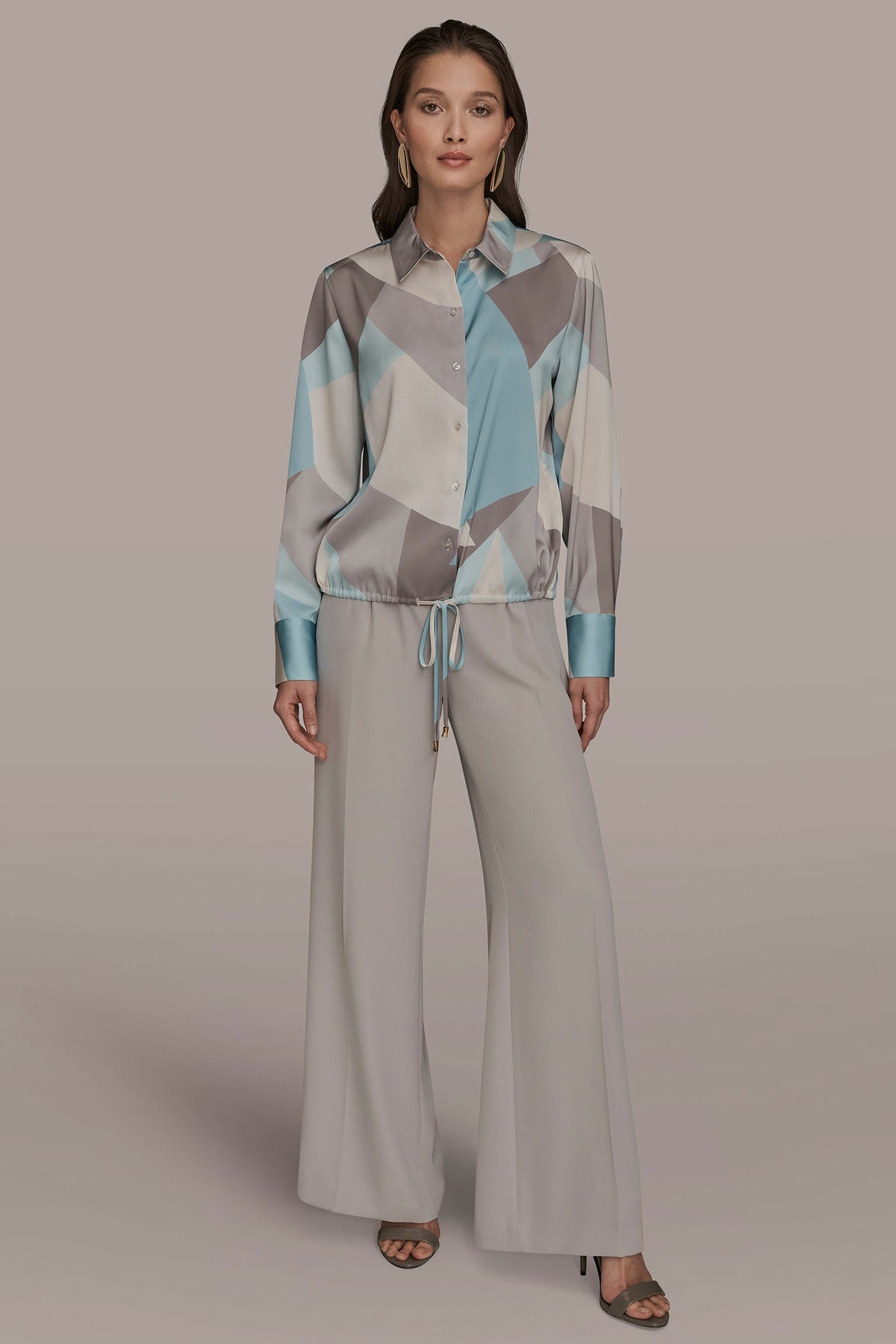 LONG-SLEEVE PRINTED DRAWSTRING BLOUSE - Mist Green Multi