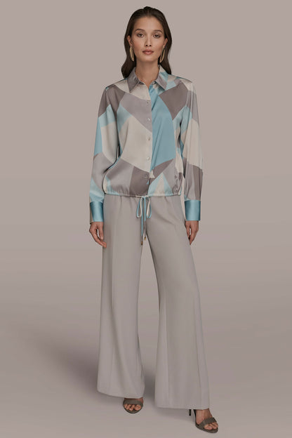 LONG-SLEEVE PRINTED DRAWSTRING BLOUSE - Mist Green Multi