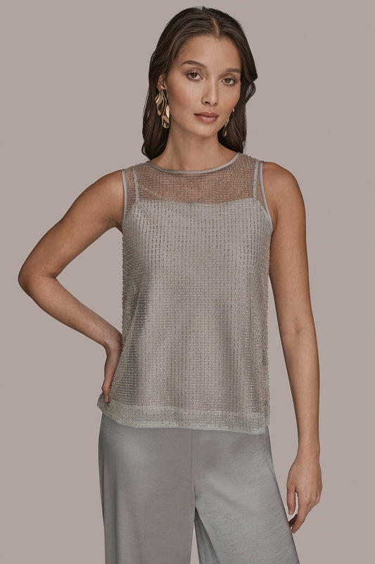 LAYERED BEADED SLEEVELESS BLOUSE - WHITE/SILVER