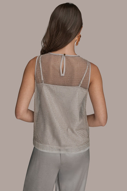 LAYERED BEADED SLEEVELESS BLOUSE - WHITE/SILVER