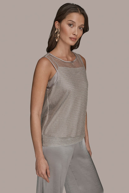 LAYERED BEADED SLEEVELESS BLOUSE - WHITE/SILVER