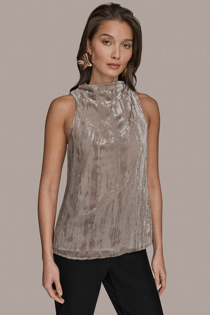 SLEEVELESS HIGH-NECK BURNOUT BLOUSE - VAPOR