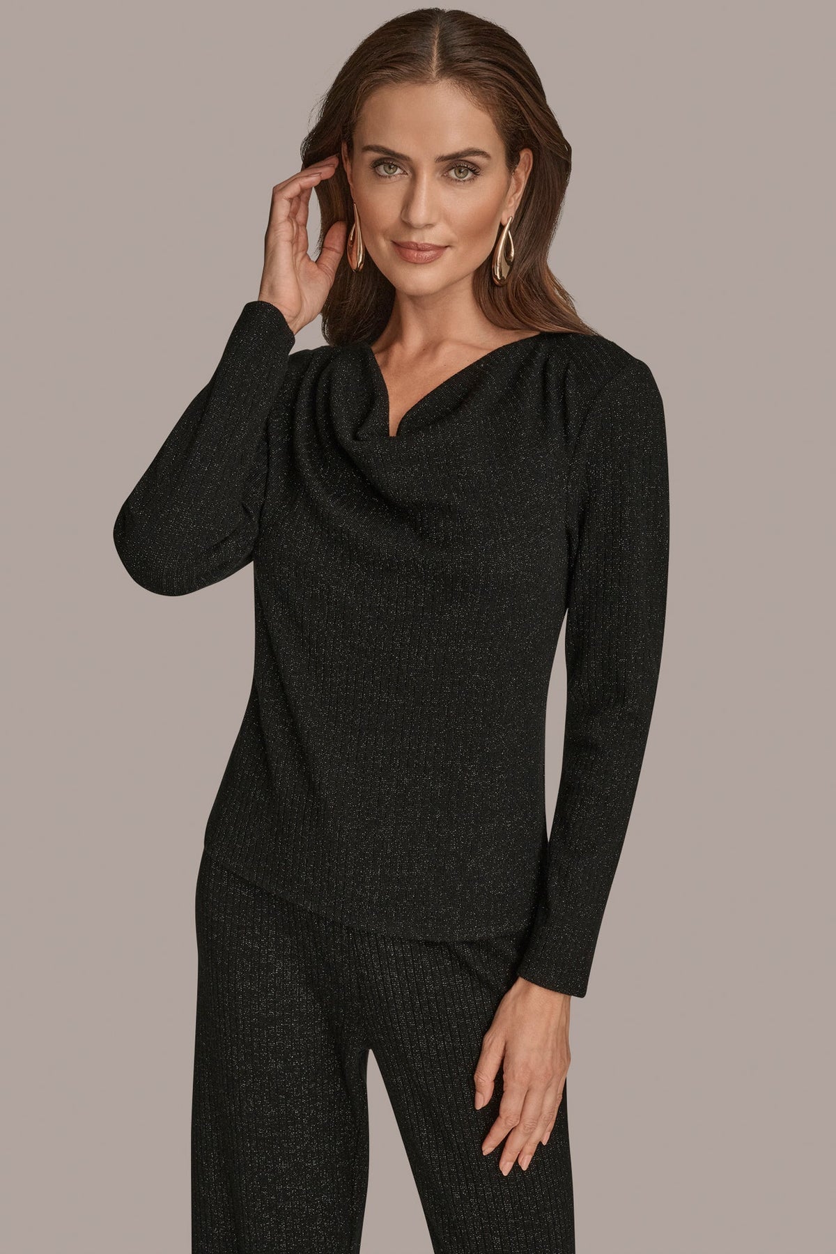 METALLIC COWL-NECK RIB-KNIT BLOUSE - BLACK