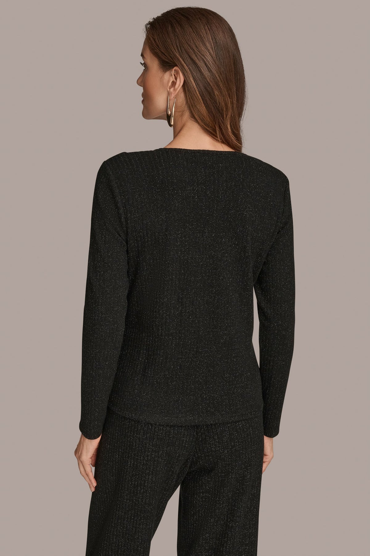 METALLIC COWL-NECK RIB-KNIT BLOUSE - BLACK