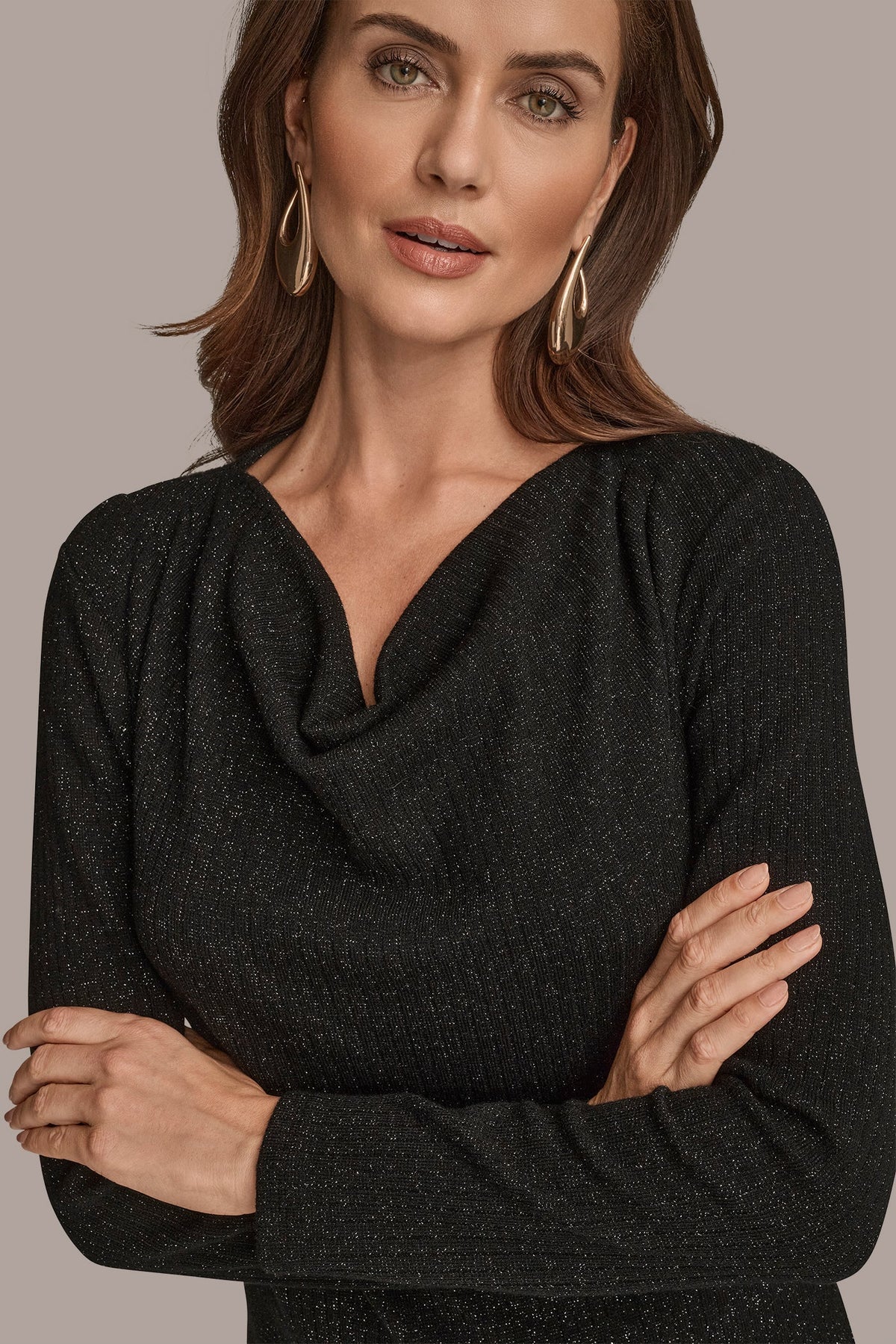 METALLIC COWL-NECK RIB-KNIT BLOUSE - BLACK