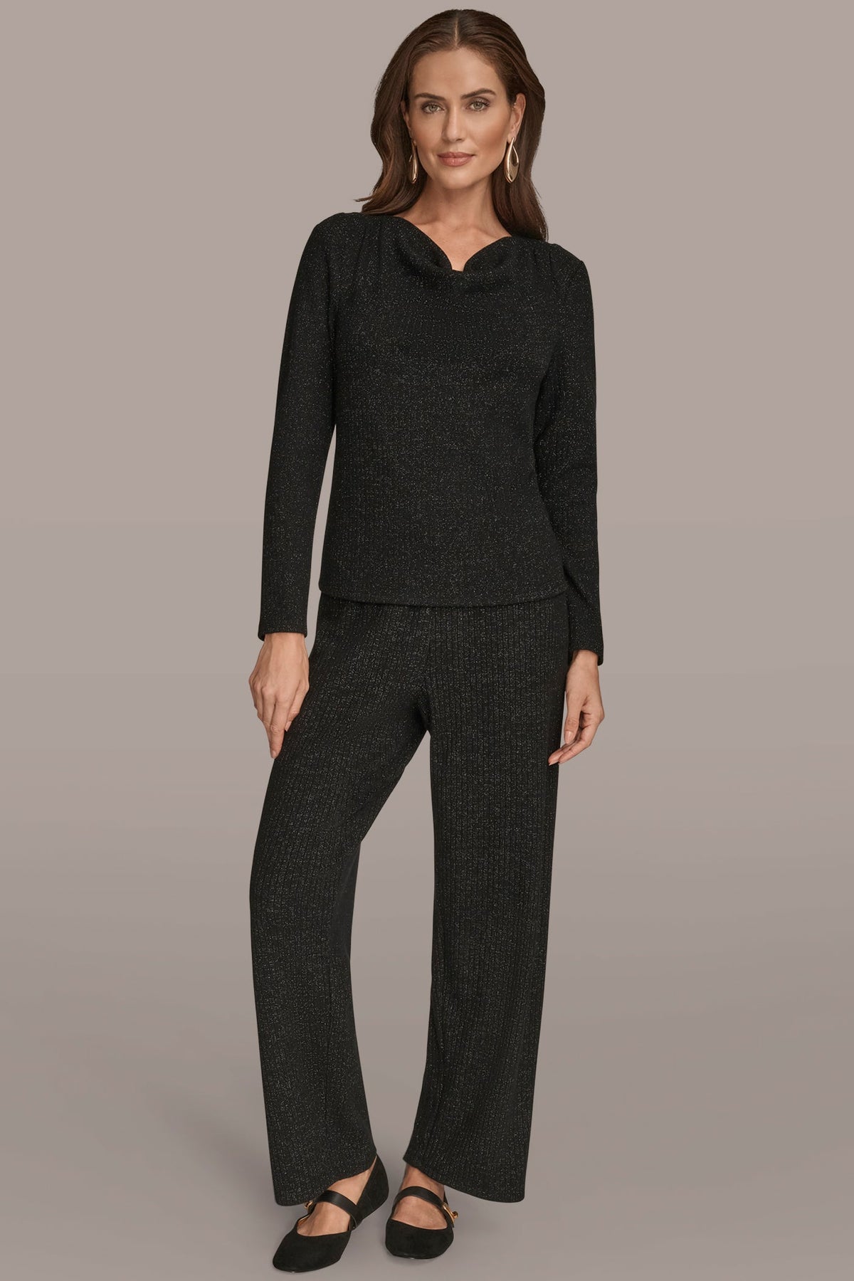 METALLIC COWL-NECK RIB-KNIT BLOUSE - BLACK