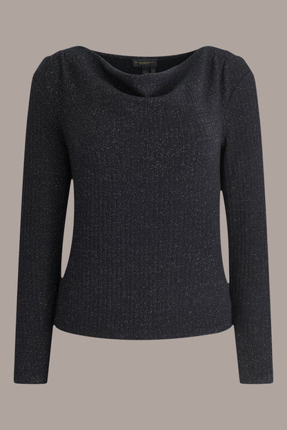 METALLIC COWL-NECK RIB-KNIT BLOUSE - BLACK