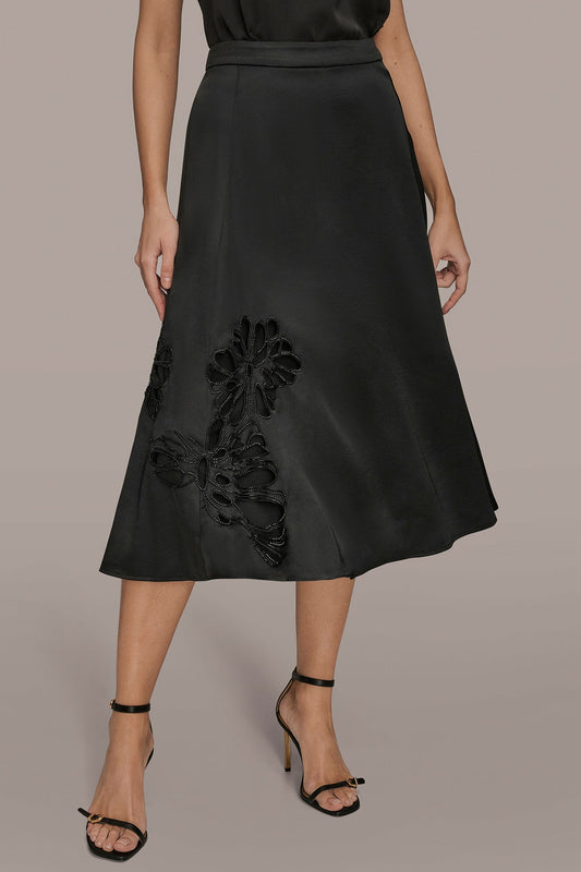 FLORAL-SEQUINED SATIN MIDI SKIRT - Black