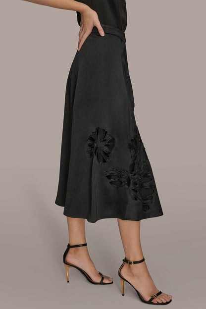 FLORAL-SEQUINED SATIN MIDI SKIRT - Black