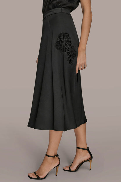 FLORAL-SEQUINED SATIN MIDI SKIRT - Black