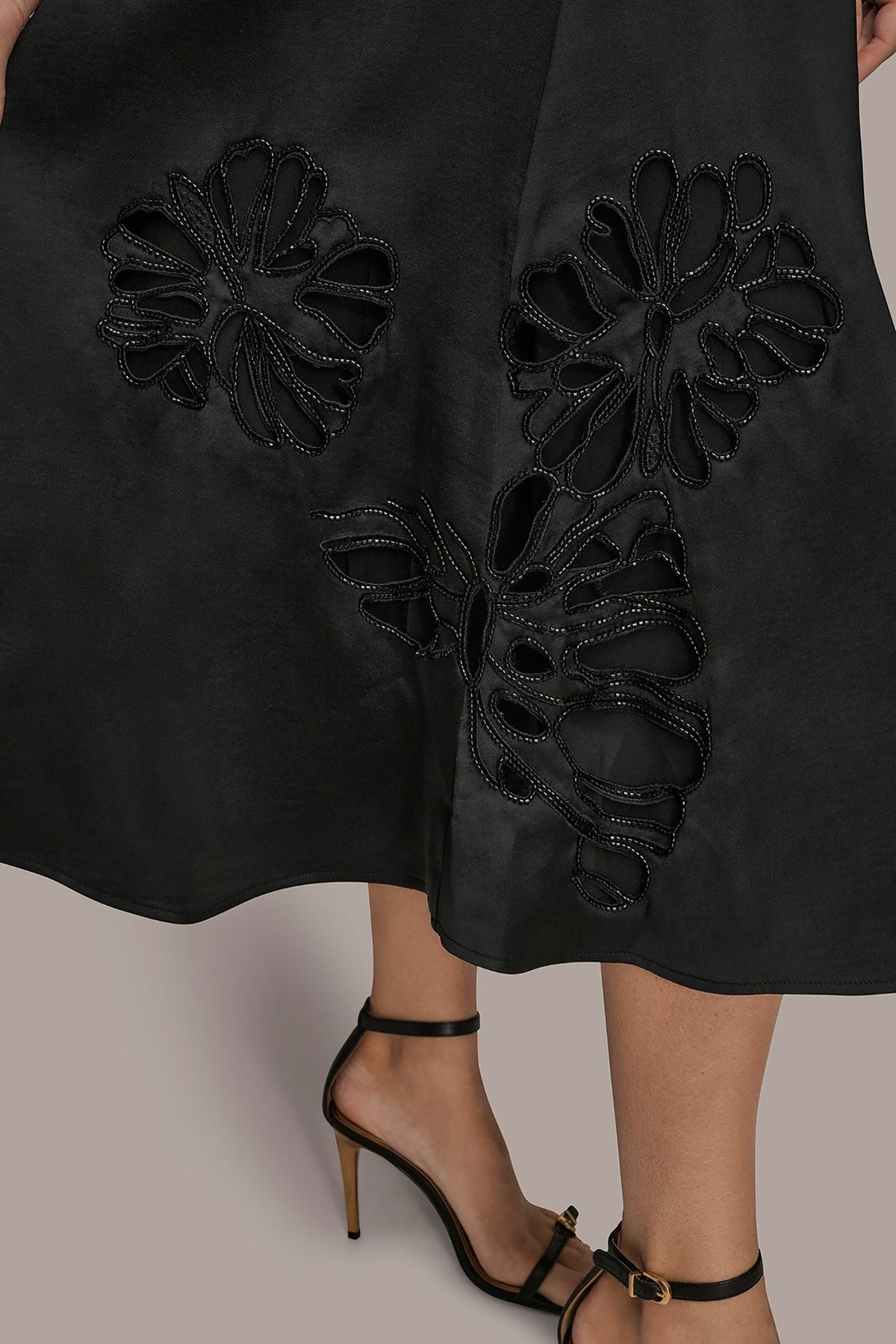 FLORAL-SEQUINED SATIN MIDI SKIRT - Black