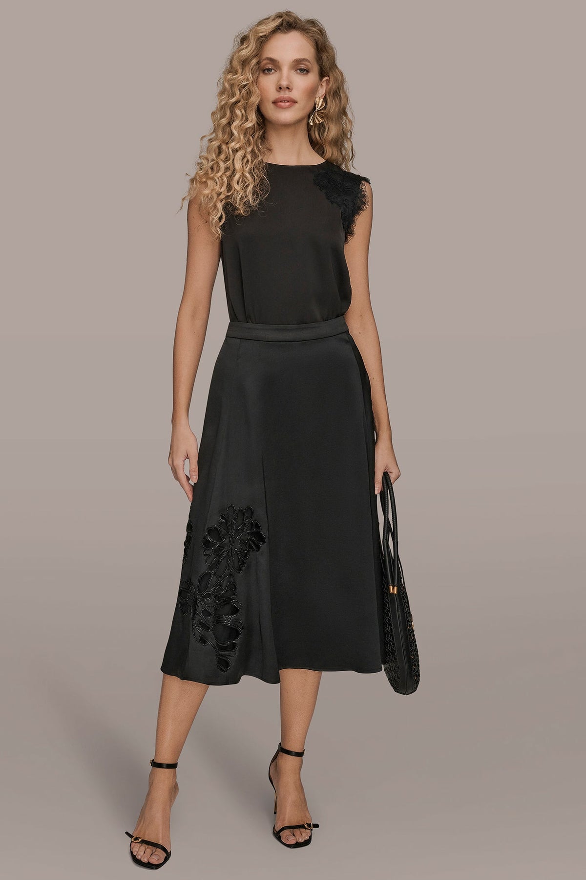 FLORAL-SEQUINED SATIN MIDI SKIRT - Black