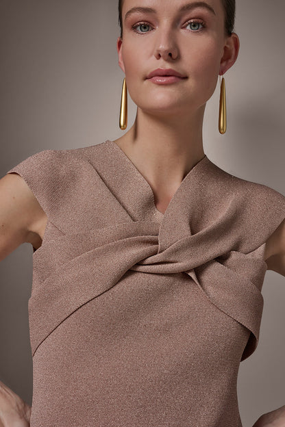 METALLIC TWIST OFF THE SHOULDER SWEATER - Umbria/Rose Gold