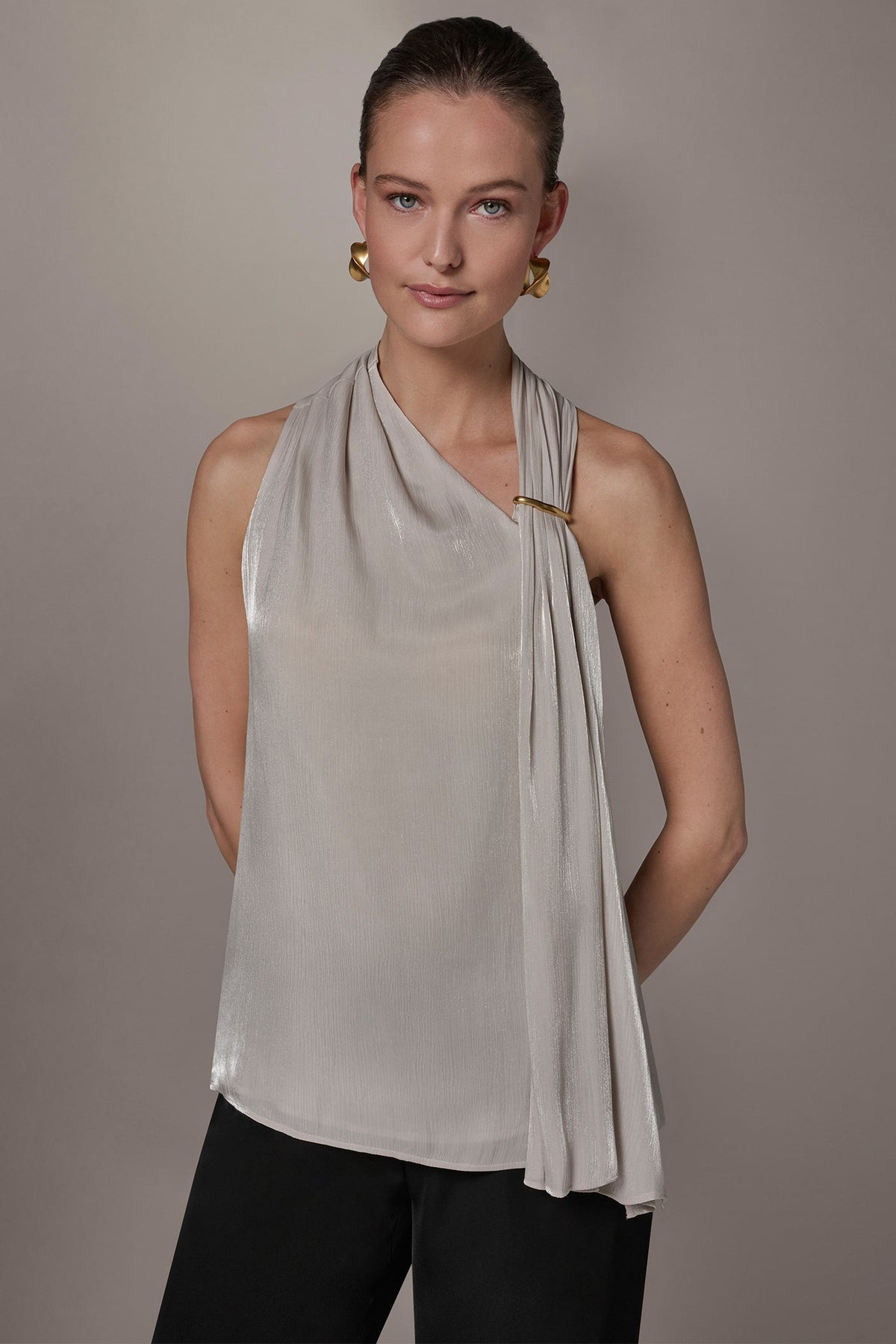 METALLIC ASYMMETRIC SCARF HALTER BLOUSE - Tuscan Grey