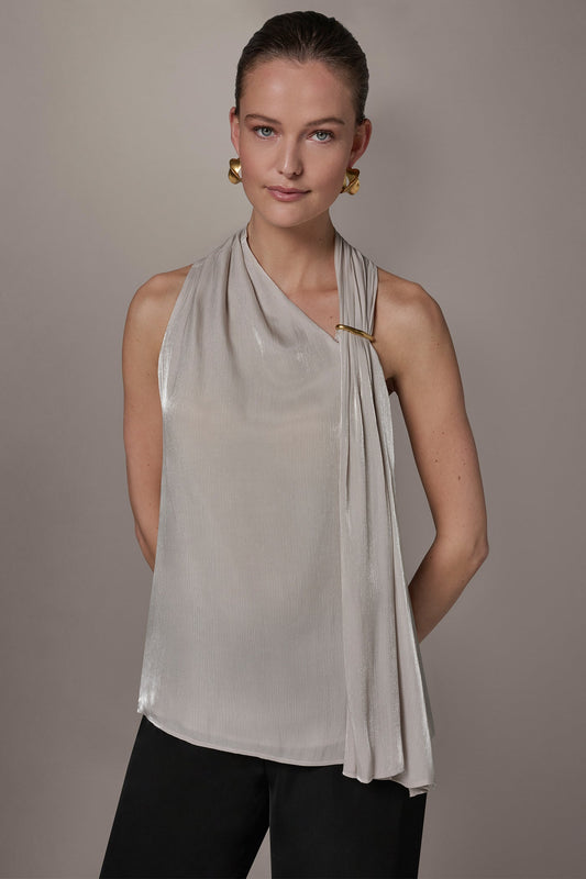 METALLIC ASYMMETRIC SCARF HALTER BLOUSE - Tuscan Grey