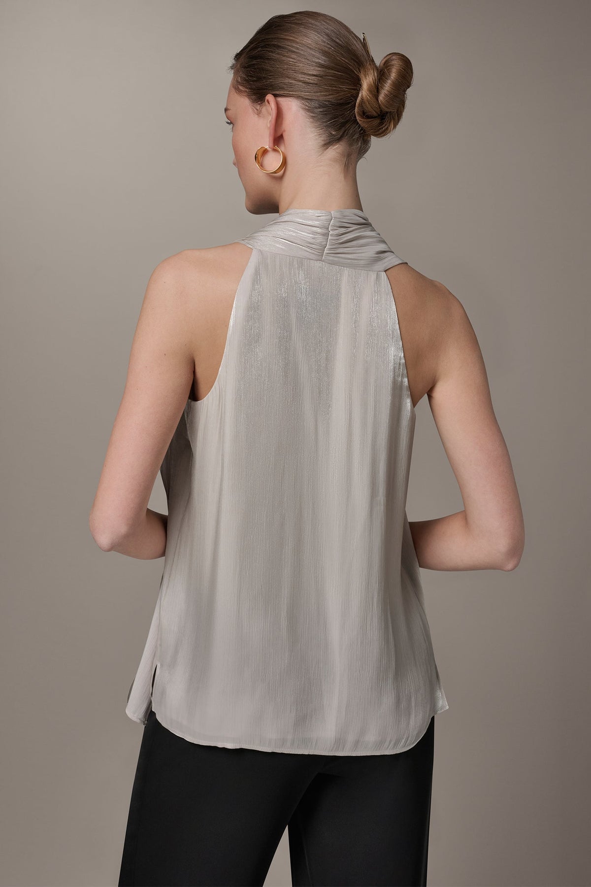 METALLIC ASYMMETRIC SCARF HALTER BLOUSE - Tuscan Grey