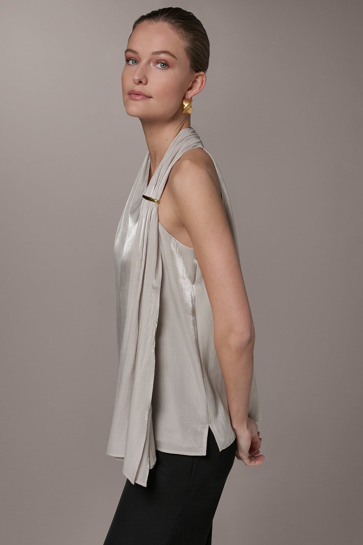 METALLIC ASYMMETRIC SCARF HALTER BLOUSE - Tuscan Grey