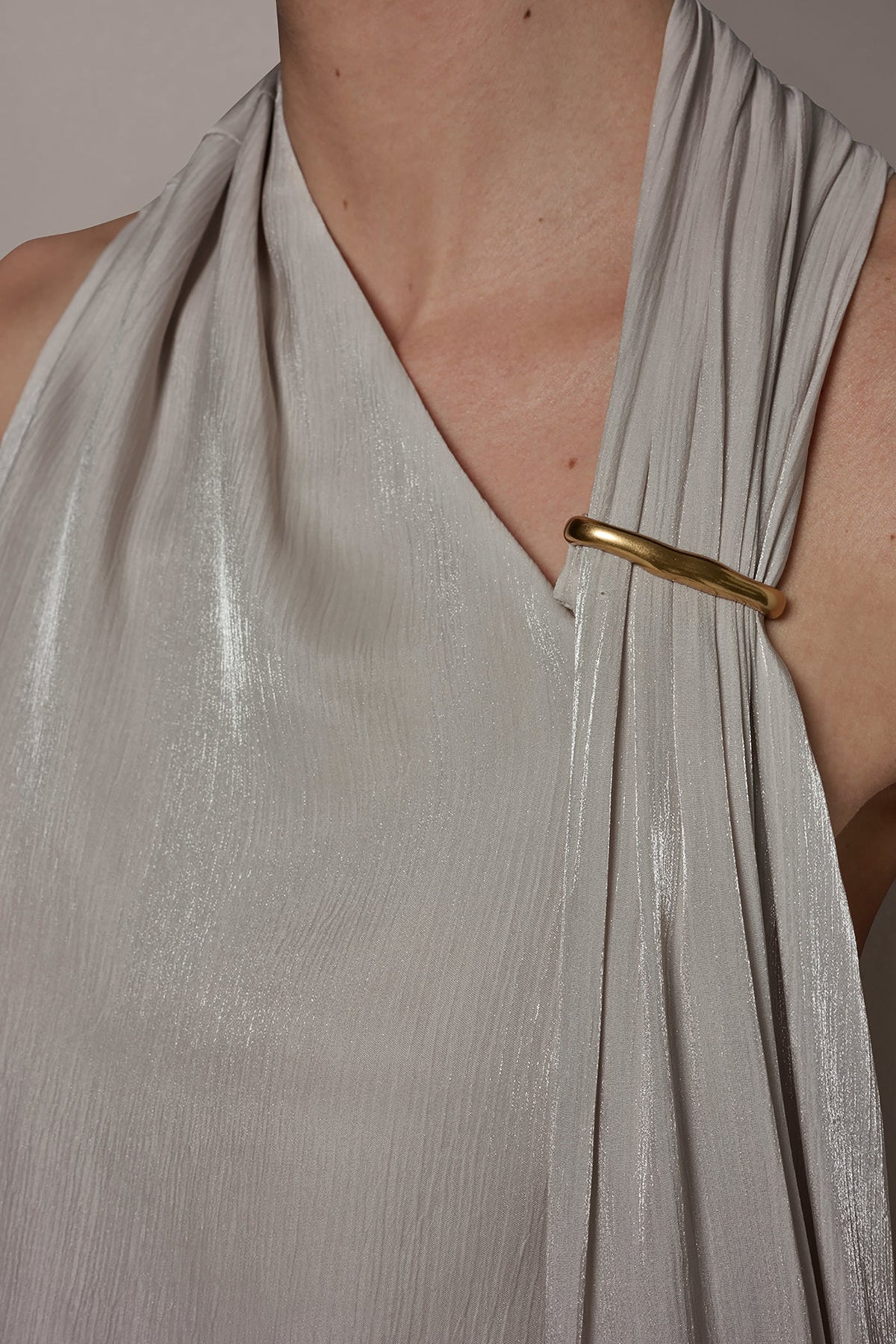 METALLIC ASYMMETRIC SCARF HALTER BLOUSE - Tuscan Grey