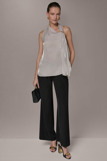 METALLIC ASYMMETRIC SCARF HALTER BLOUSE - Tuscan Grey