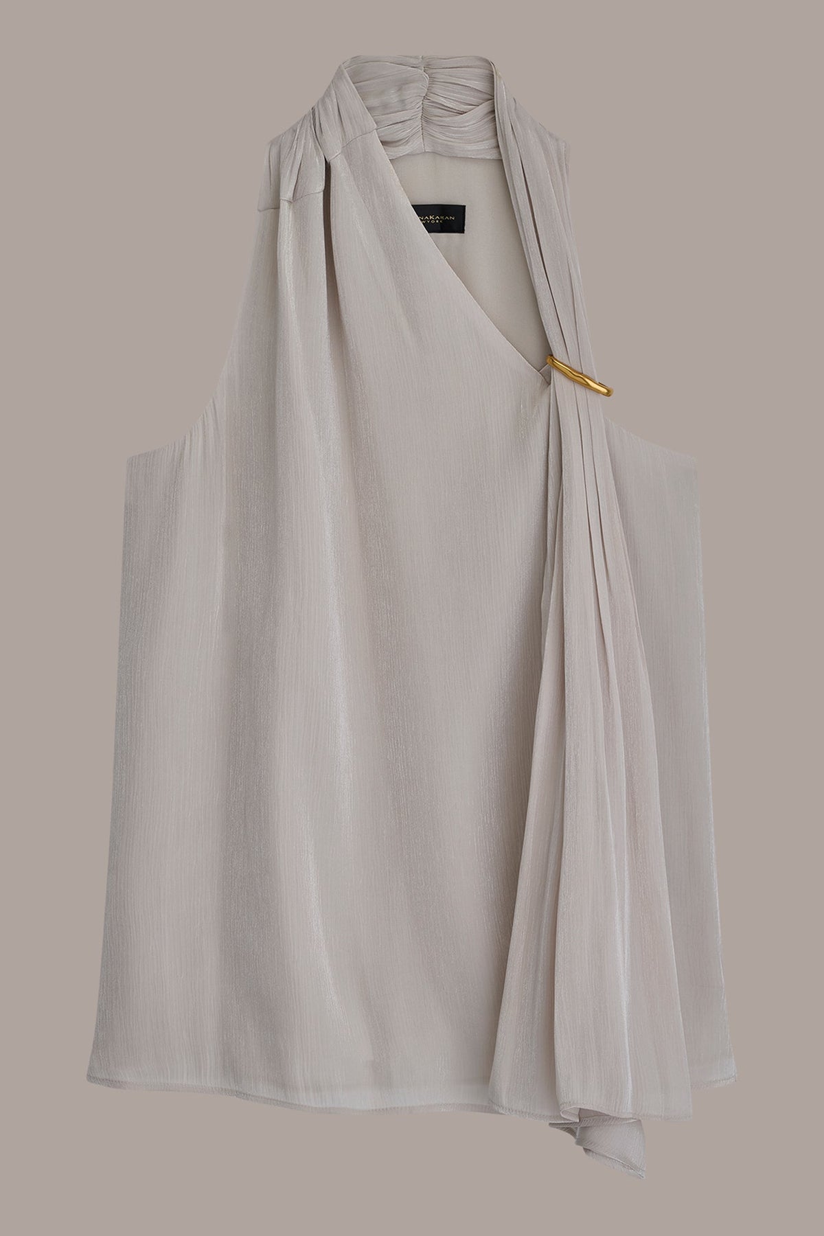 METALLIC ASYMMETRIC SCARF HALTER BLOUSE - Tuscan Grey