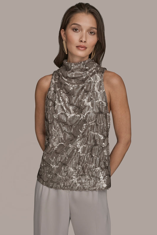 SLEEVELESS HIGH COWL-NECK SEQUIN TOP - ANTIQUE SILVER