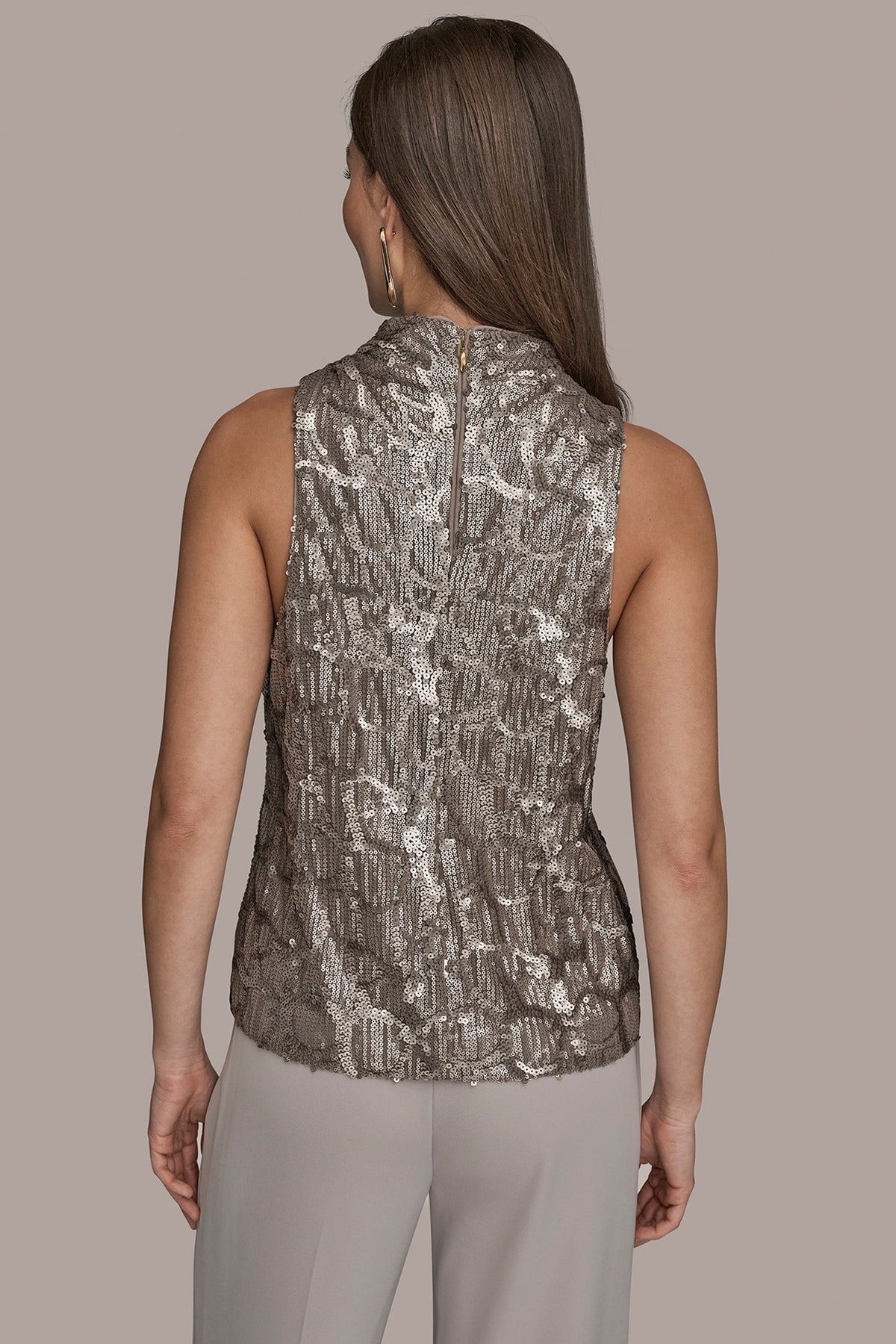 SLEEVELESS HIGH COWL-NECK SEQUIN TOP - ANTIQUE SILVER