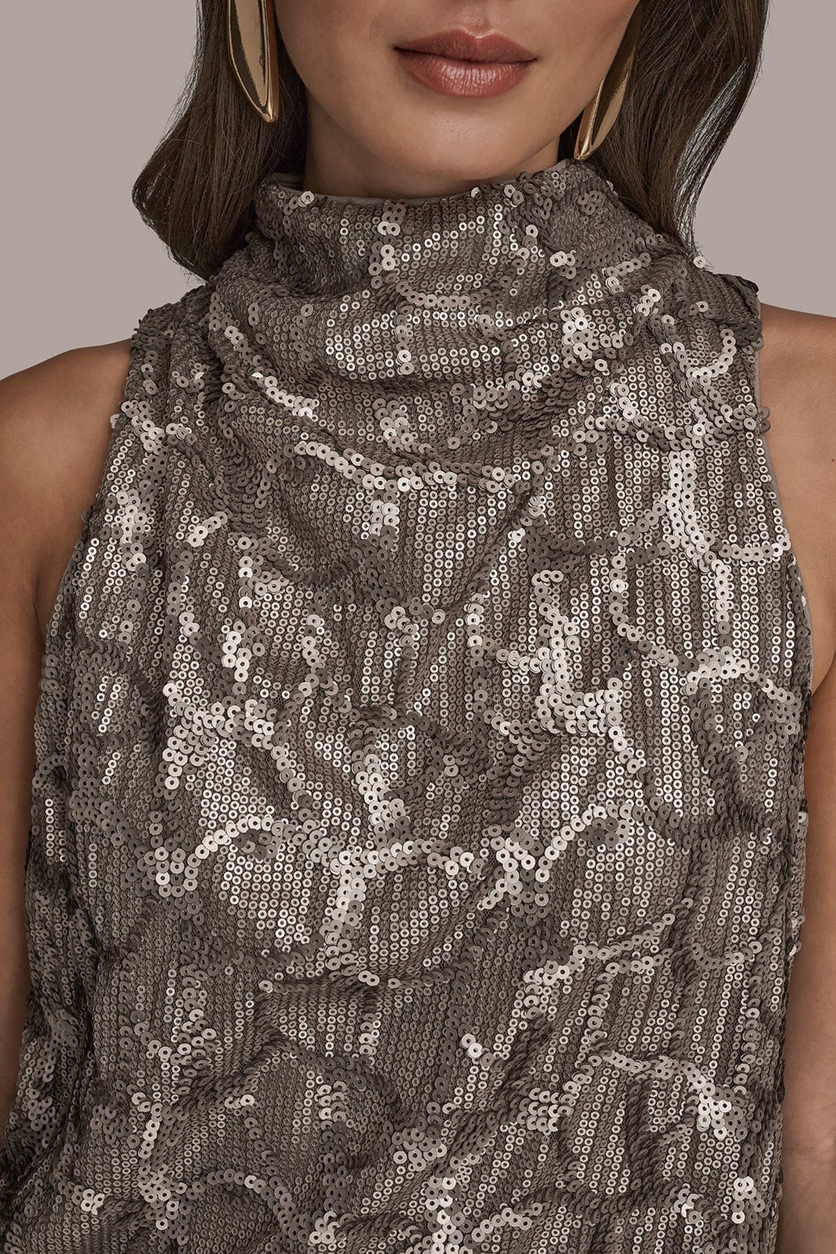 SLEEVELESS HIGH COWL-NECK SEQUIN TOP - ANTIQUE SILVER