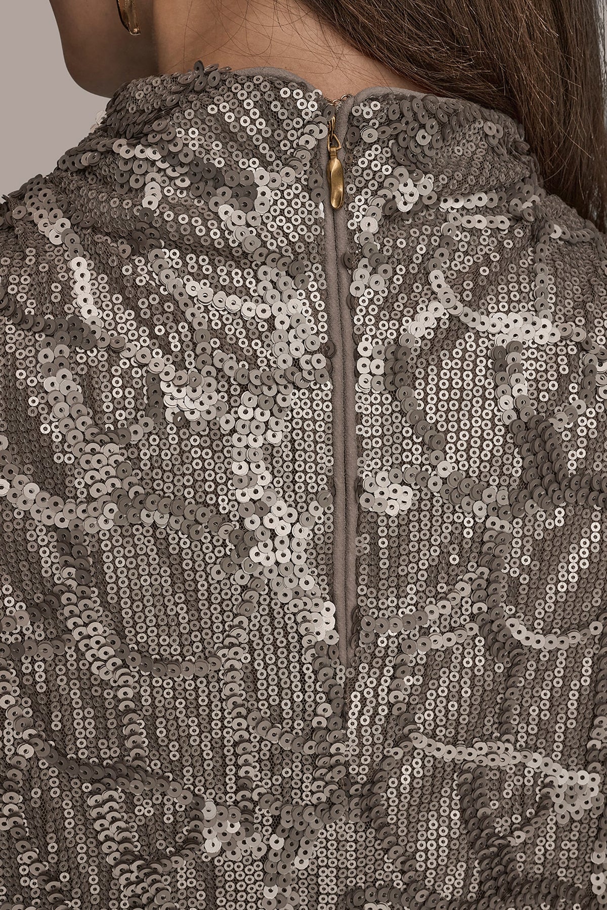 SLEEVELESS HIGH COWL-NECK SEQUIN TOP - ANTIQUE SILVER