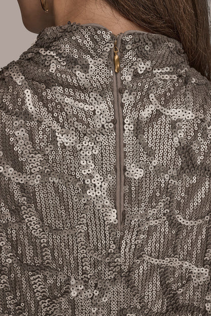 SLEEVELESS HIGH COWL-NECK SEQUIN TOP - ANTIQUE SILVER