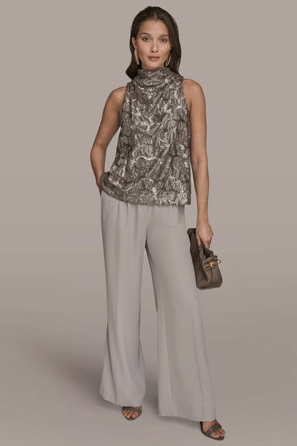 SLEEVELESS HIGH COWL-NECK SEQUIN TOP - ANTIQUE SILVER