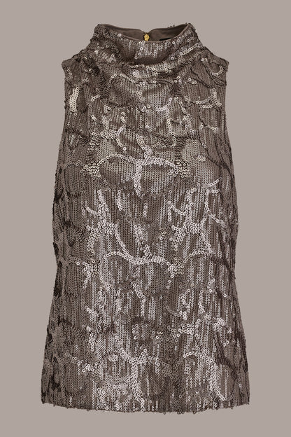 SLEEVELESS HIGH COWL-NECK SEQUIN TOP - ANTIQUE SILVER